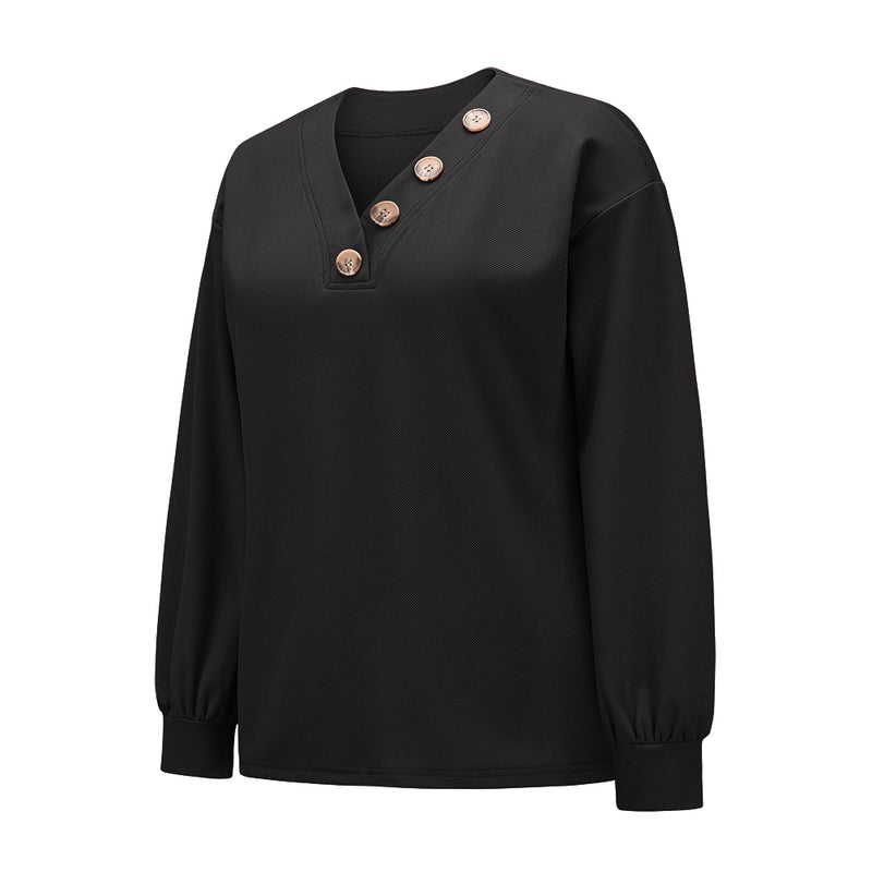 Long Sleeve Collar Button V Neck Tops