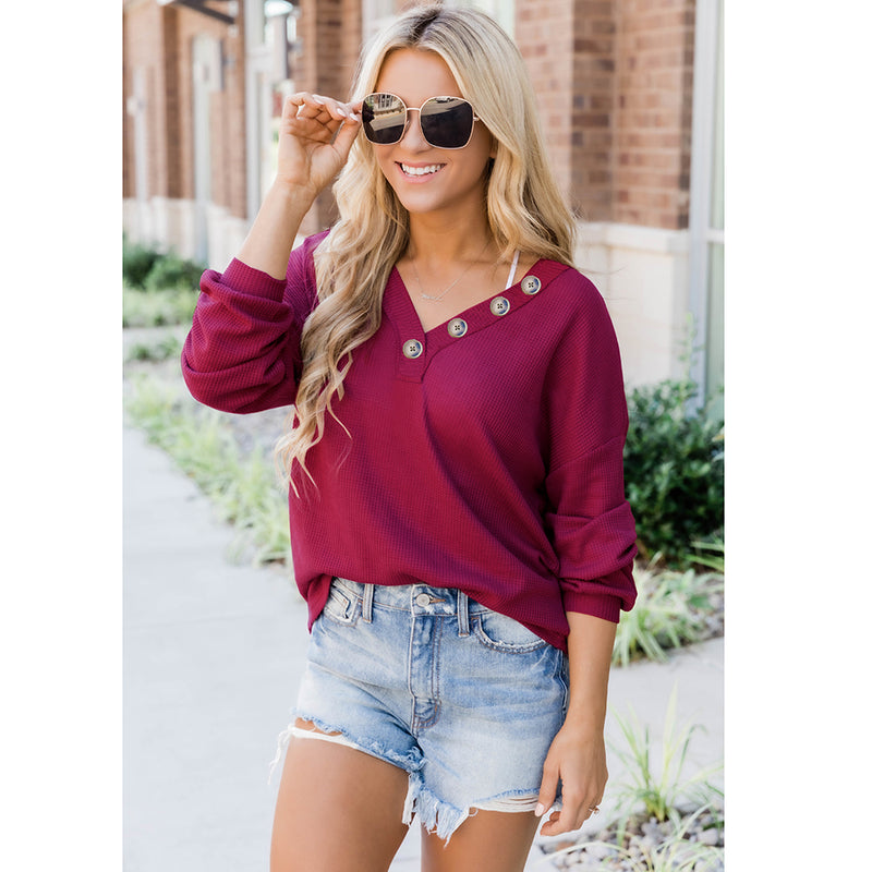 Long Sleeve Collar Button V Neck Tops