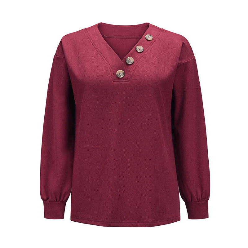 Long Sleeve Collar Button V Neck Tops