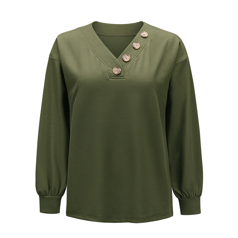 Long Sleeve Collar Button V Neck Tops