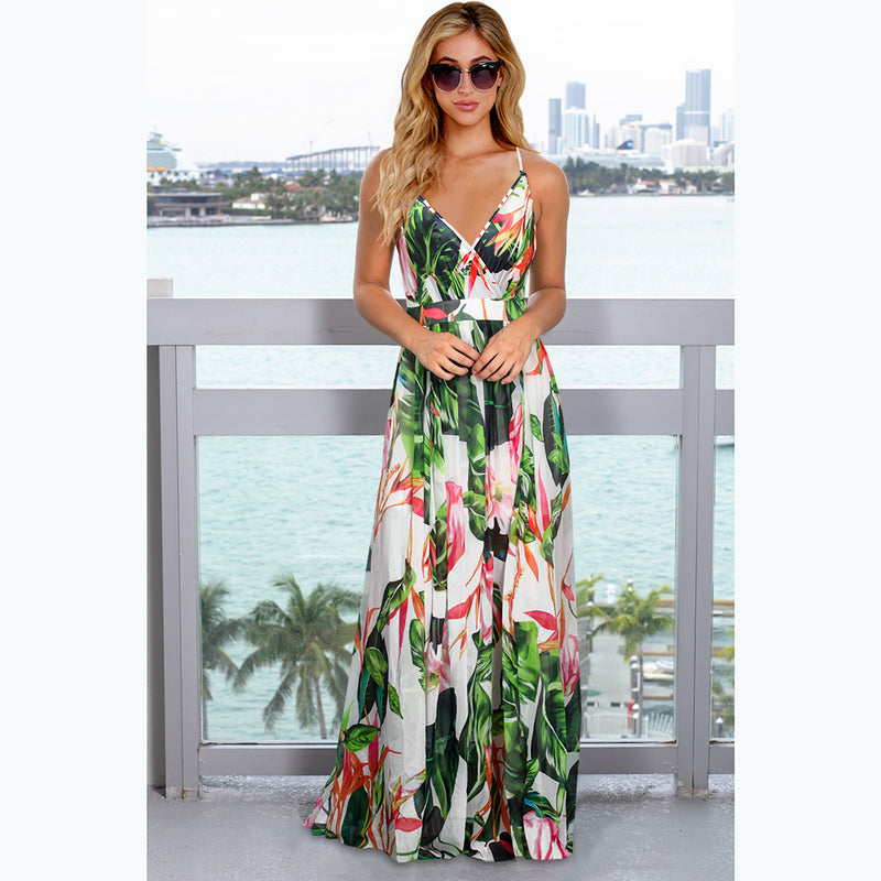 Deep V Neck Floral Adjustable Spaghetti Strap Sleeveless Dress