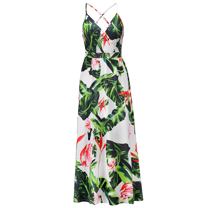 Deep V Neck Floral Adjustable Spaghetti Strap Sleeveless Dress