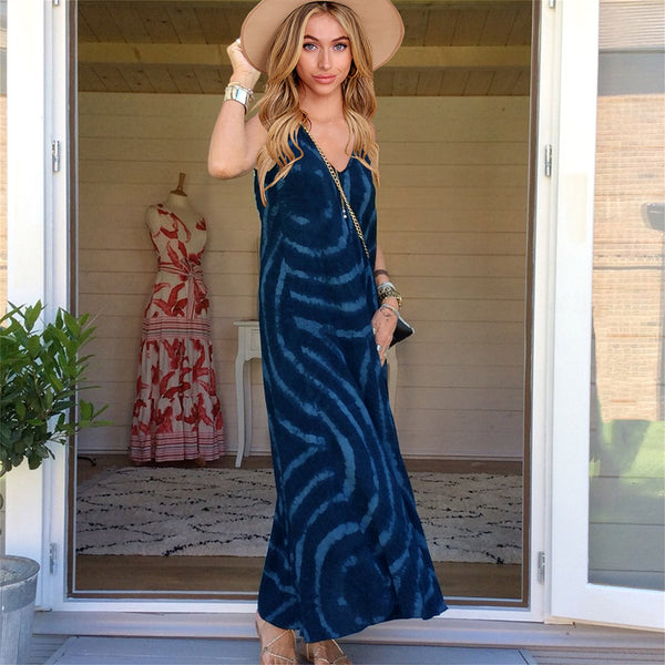 Casual Spaghetti Strap Deep V Neck Summer Loose Maxi Dress