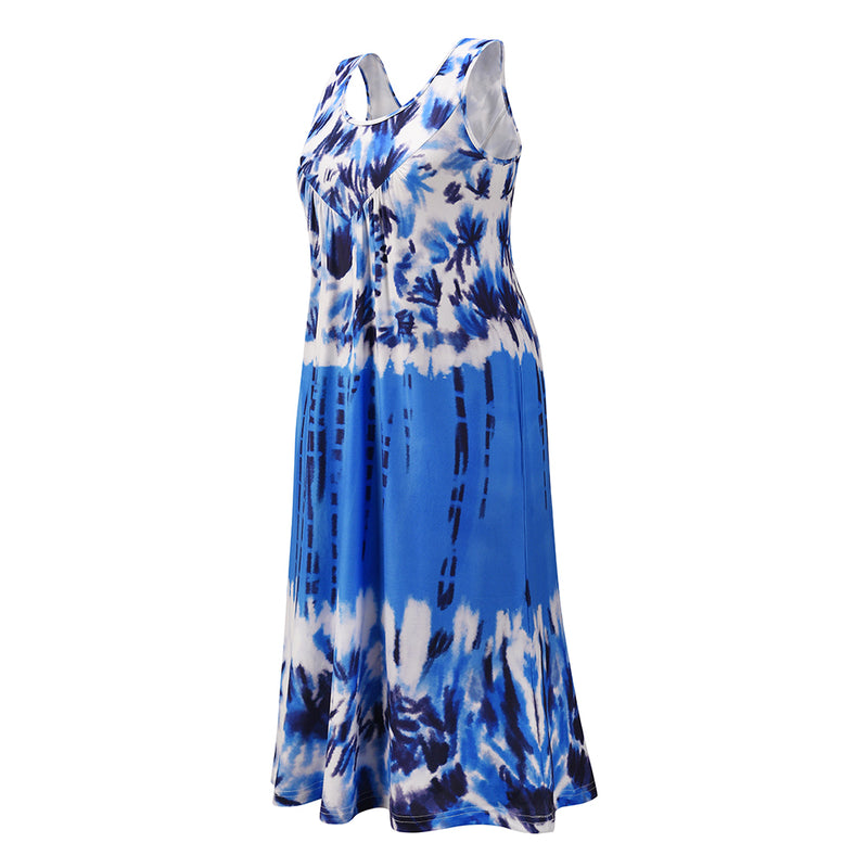 Round Neck Sleeveless Floral Casual Midi Dress