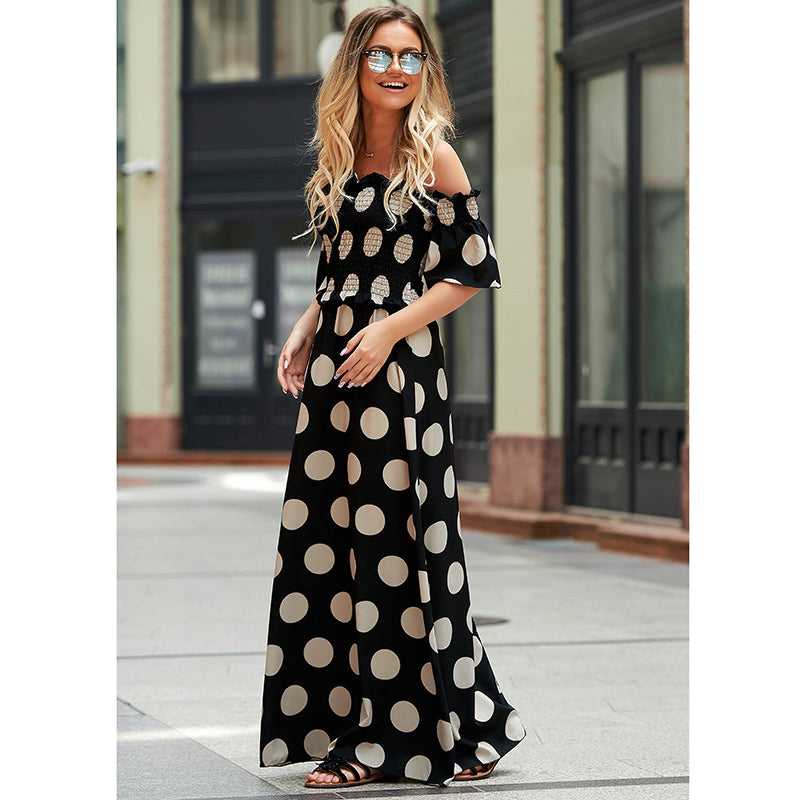 Short Sleeve Off Shoulder Dot Printed Long Maxi Dress