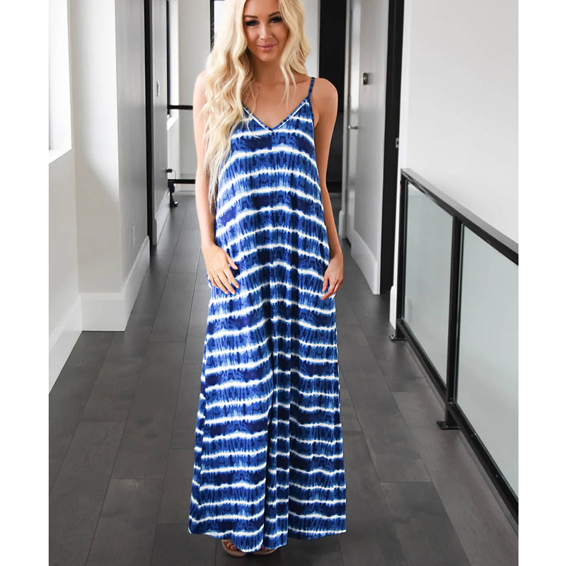 Sleeveless Scoop Neck Striped Loose Long Dress