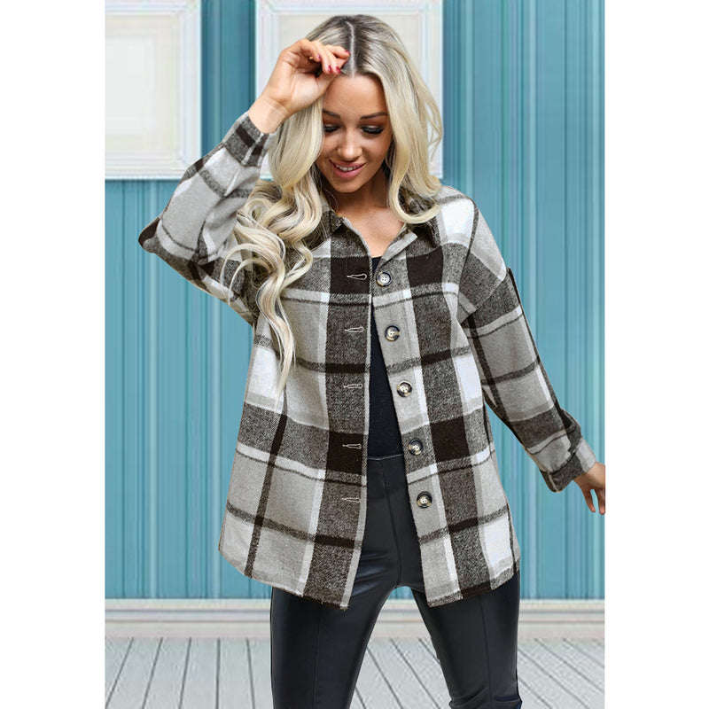 Long Sleeve Button Plaid Jacket