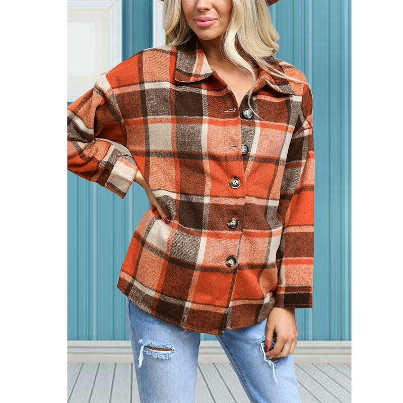 Long Sleeve Button Plaid Jacket