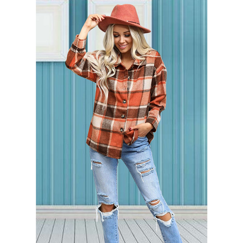 Long Sleeve Button Plaid Jacket