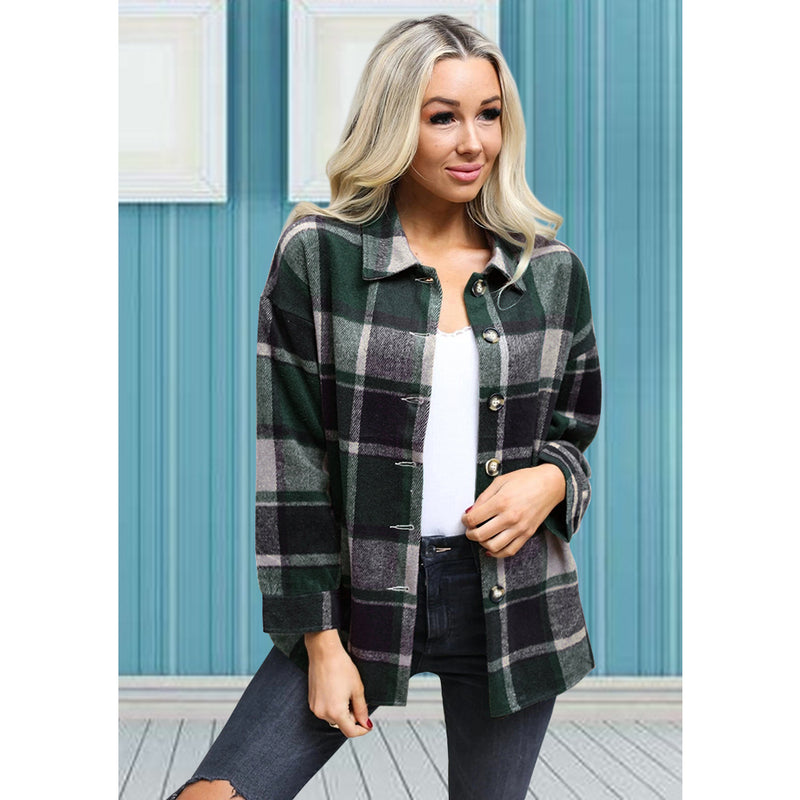 Long Sleeve Button Plaid Jacket