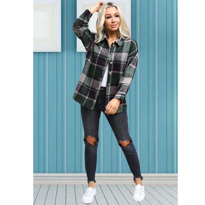 Long Sleeve Button Plaid Jacket