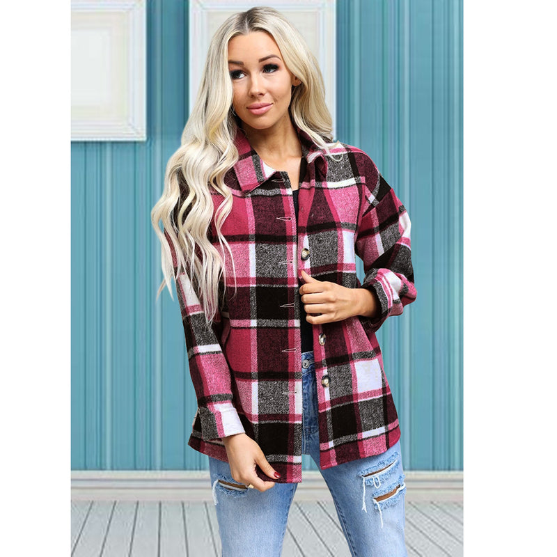 Long Sleeve Button Plaid Jacket