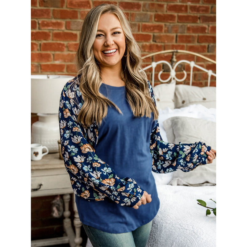 Floral Long Sleeve Round Neck Tops