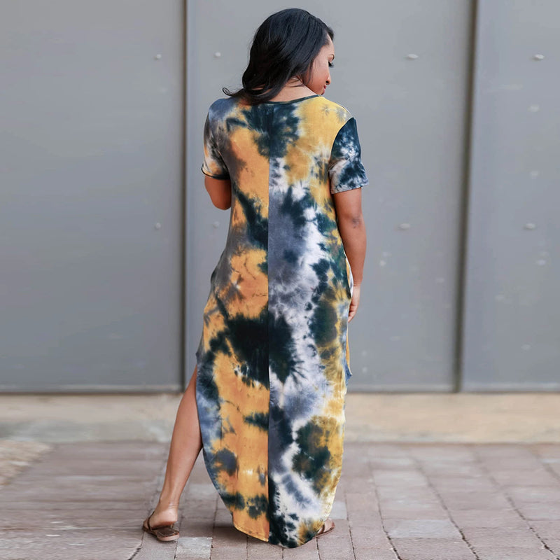 V Neck Short Sleeve Side Split Long Maxi Dress