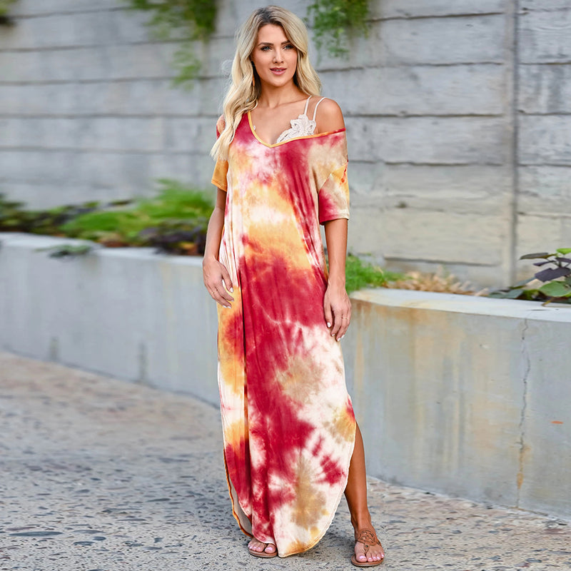 V Neck Short Sleeve Side Split Long Maxi Dress