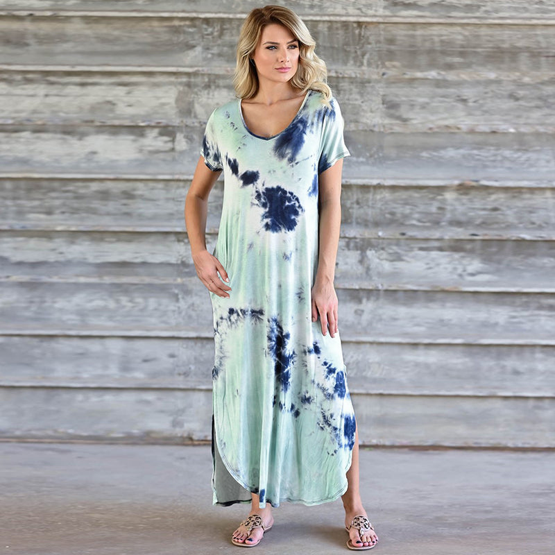 V Neck Short Sleeve Side Split Long Maxi Dress