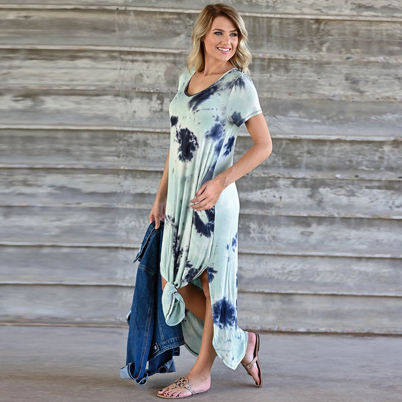 V Neck Short Sleeve Side Split Long Maxi Dress