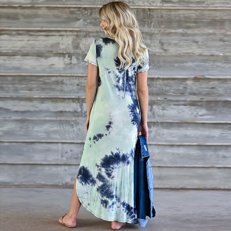 V Neck Short Sleeve Side Split Long Maxi Dress