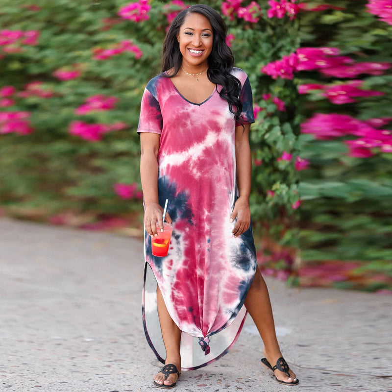 V Neck Short Sleeve Side Split Long Maxi Dress