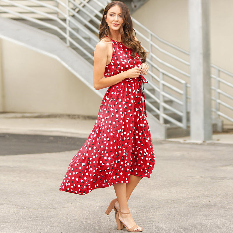 Sleeveless Halter Neck Tie Waist Polka Dot Maxi Dress