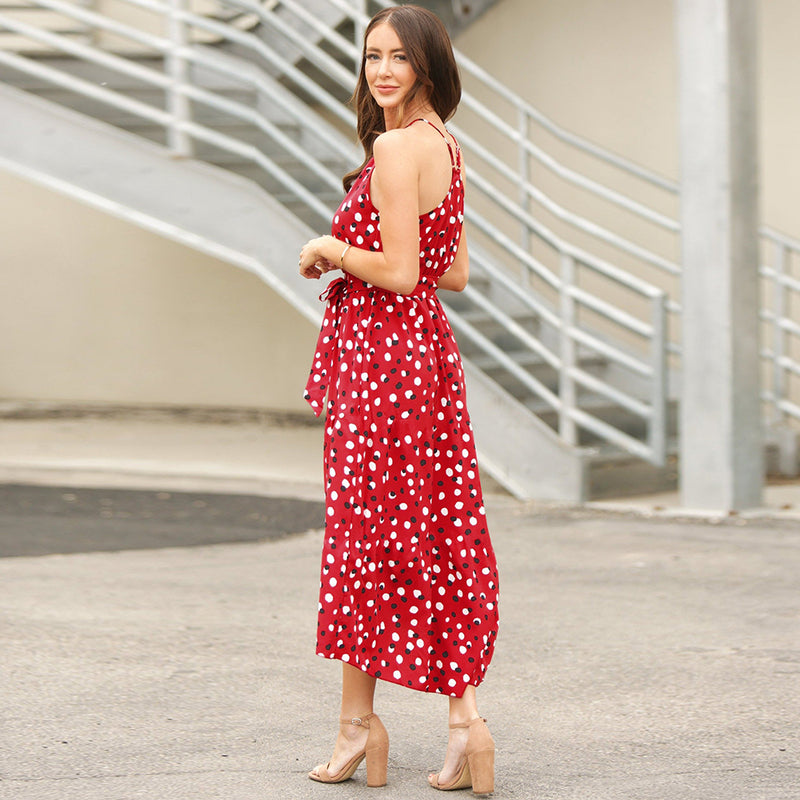 Sleeveless Halter Neck Tie Waist Polka Dot Maxi Dress