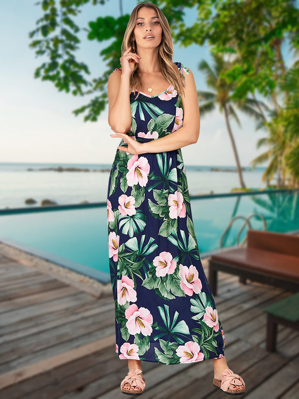 Adjustable Spaghetti Strap Floral V Neck Maxi Dress