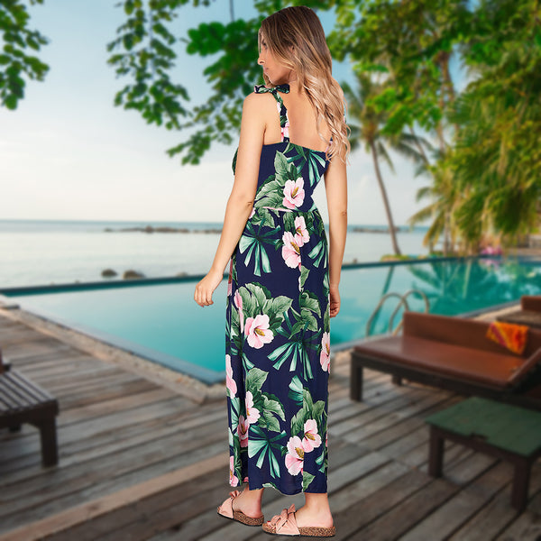 Adjustable Spaghetti Strap Floral V Neck Maxi Dress