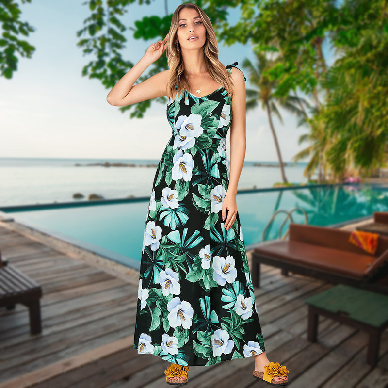 Adjustable Spaghetti Strap Floral V Neck Maxi Dress