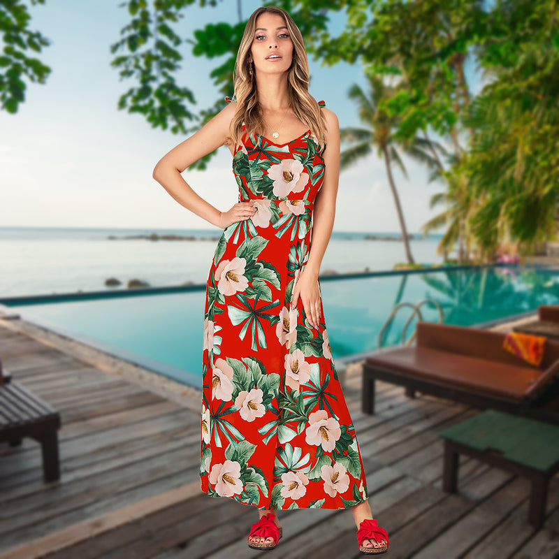 Adjustable Spaghetti Strap Floral V Neck Maxi Dress