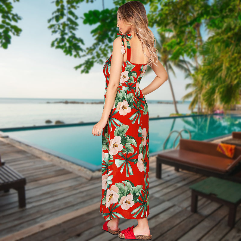 Adjustable Spaghetti Strap Floral V Neck Maxi Dress