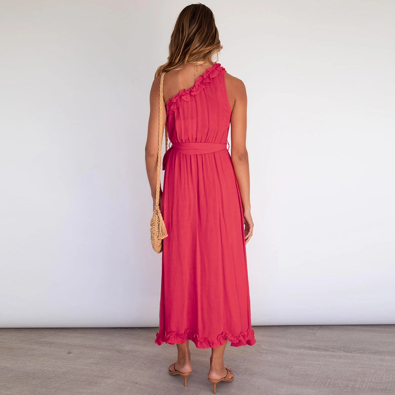 One Shoulder Tie Waist Maxi Dress