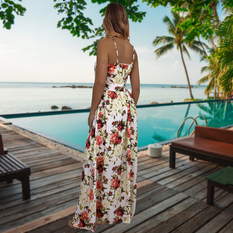 Spaghetti Strap Floral V Neck Long Maxi Dress