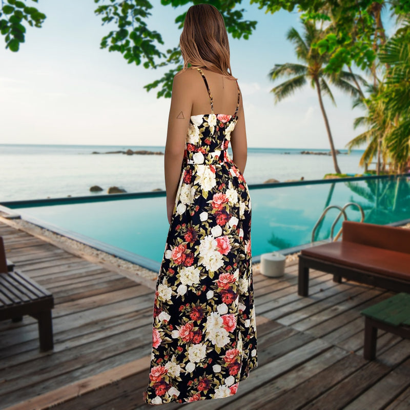 Spaghetti Strap Floral V Neck Long Maxi Dress