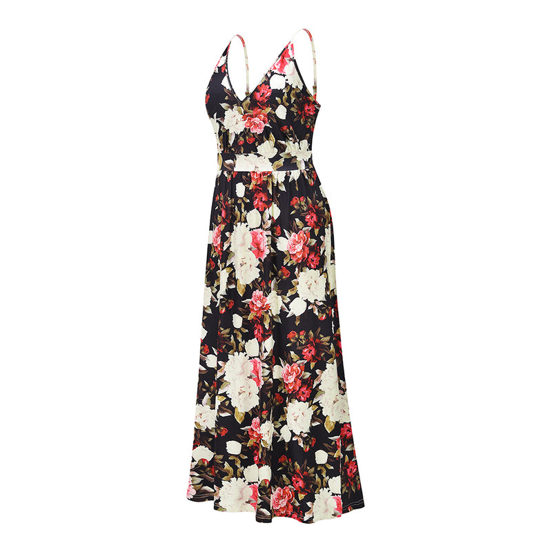 Spaghetti Strap Floral V Neck Long Maxi Dress