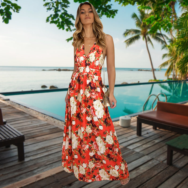 Spaghetti Strap Floral V Neck Long Maxi Dress