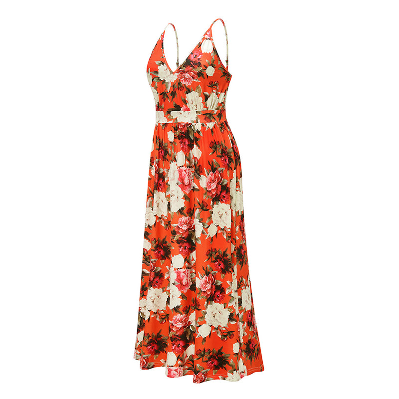 Spaghetti Strap Floral V Neck Long Maxi Dress