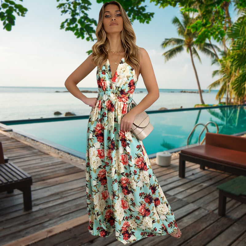 Spaghetti Strap Floral V Neck Long Maxi Dress