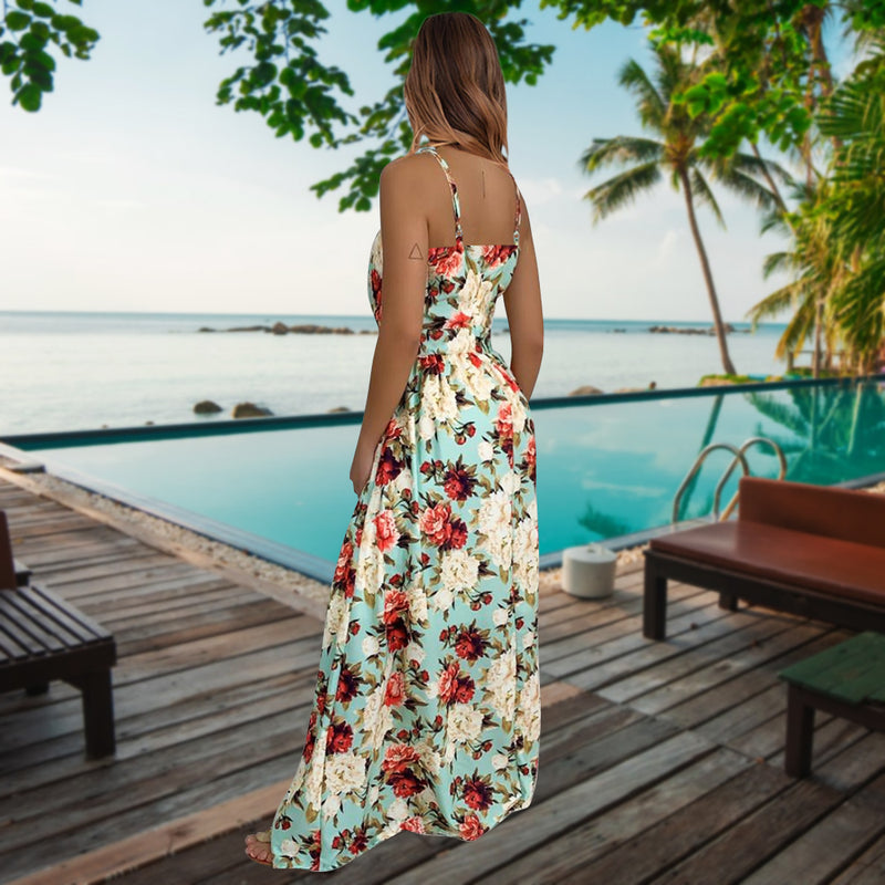 Spaghetti Strap Floral V Neck Long Maxi Dress