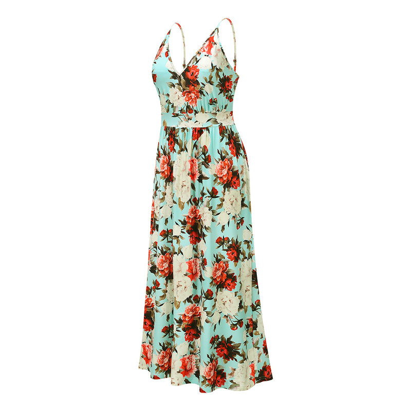 Spaghetti Strap Floral V Neck Long Maxi Dress