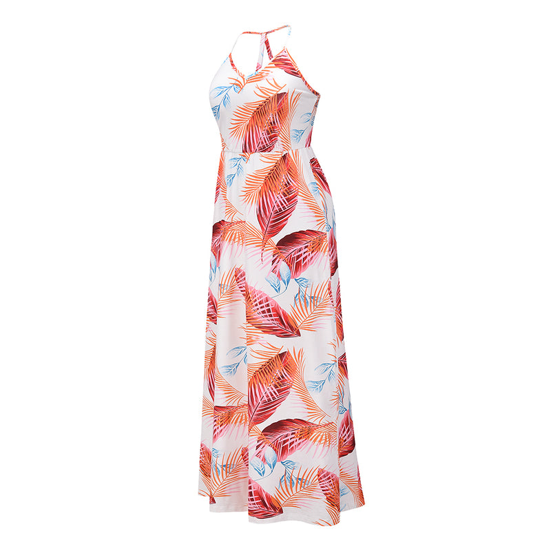 Sphaghetti Strap Leaf Print V Neck Long Beach Dress