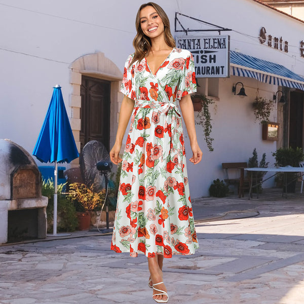 Casual V Neck Tie Waist Floral Maxi Dress