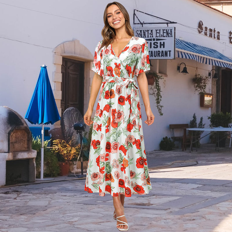 Casual V Neck Tie Waist Floral Maxi Dress