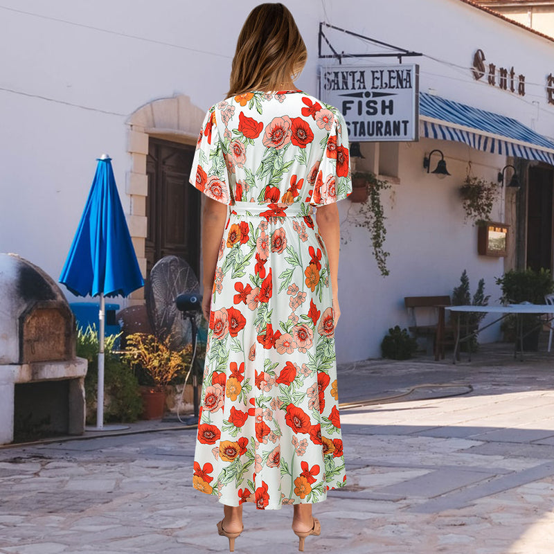 Casual V Neck Tie Waist Floral Maxi Dress