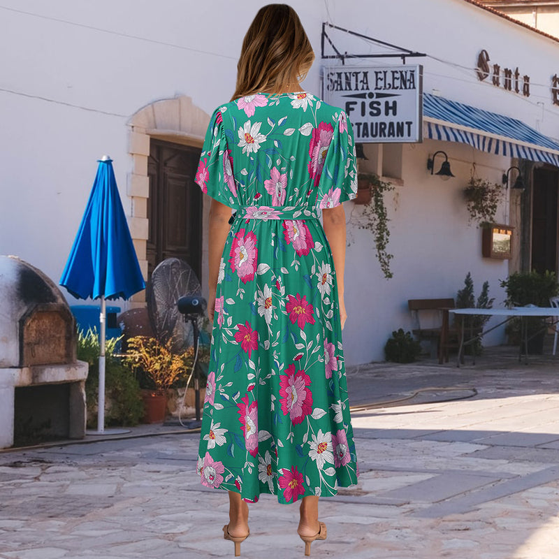 Casual V Neck Tie Waist Floral Maxi Dress