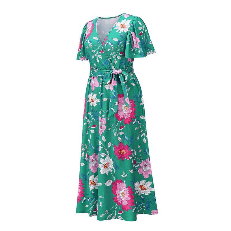 Casual V Neck Tie Waist Floral Maxi Dress