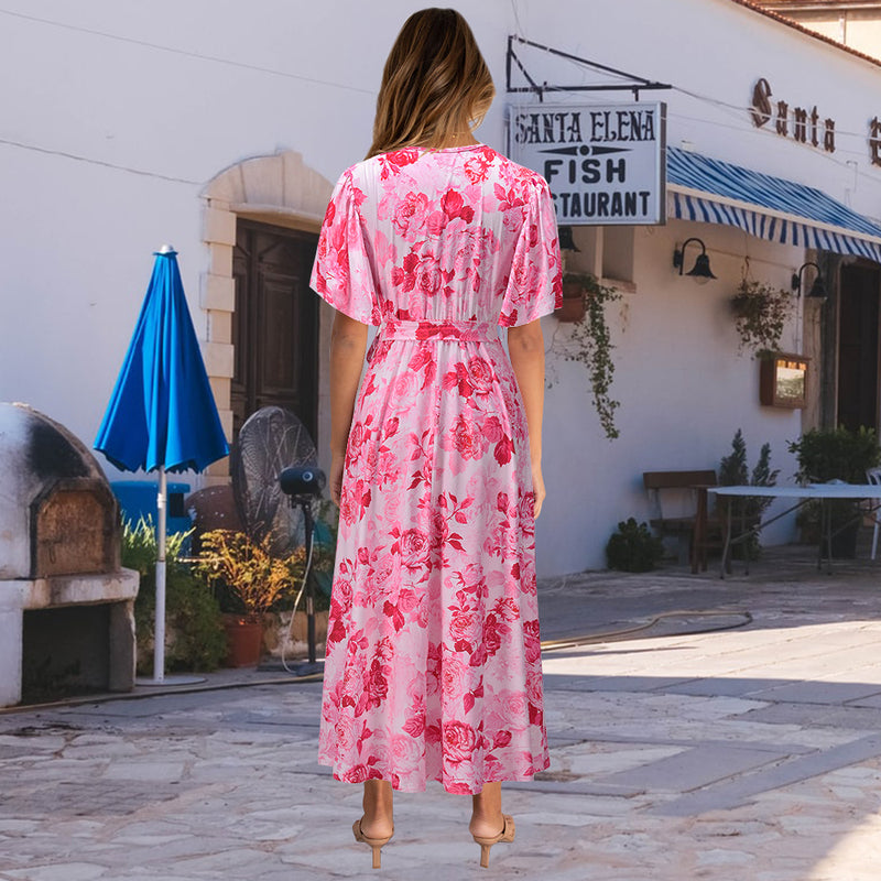 Casual V Neck Tie Waist Floral Maxi Dress