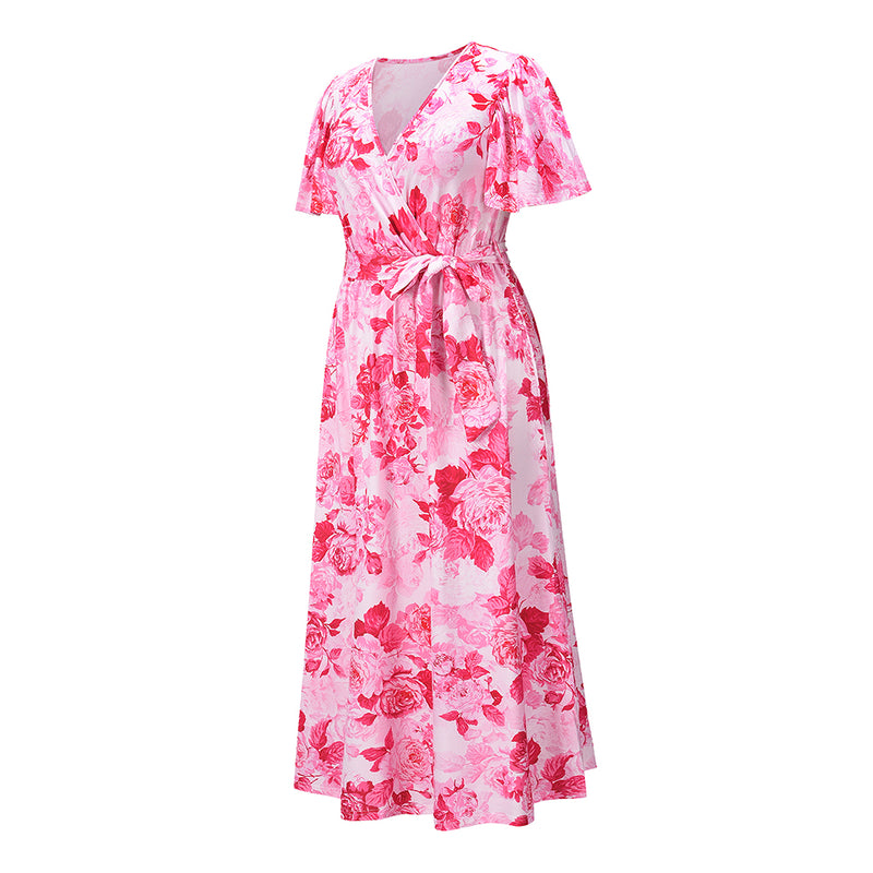 Casual V Neck Tie Waist Floral Maxi Dress