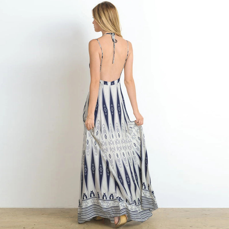 Backless Spaghetti Strap V Neck Long Beach Dress