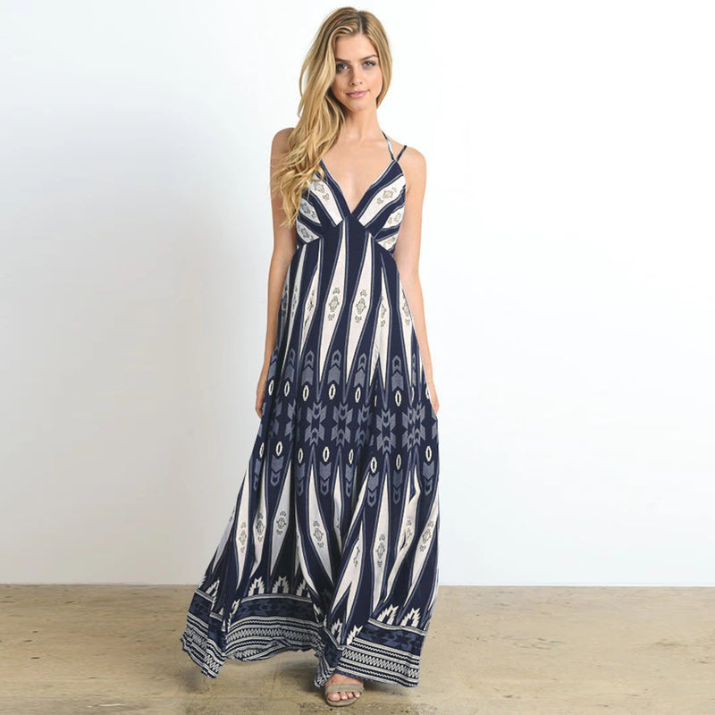 Backless Spaghetti Strap V Neck Long Beach Dress