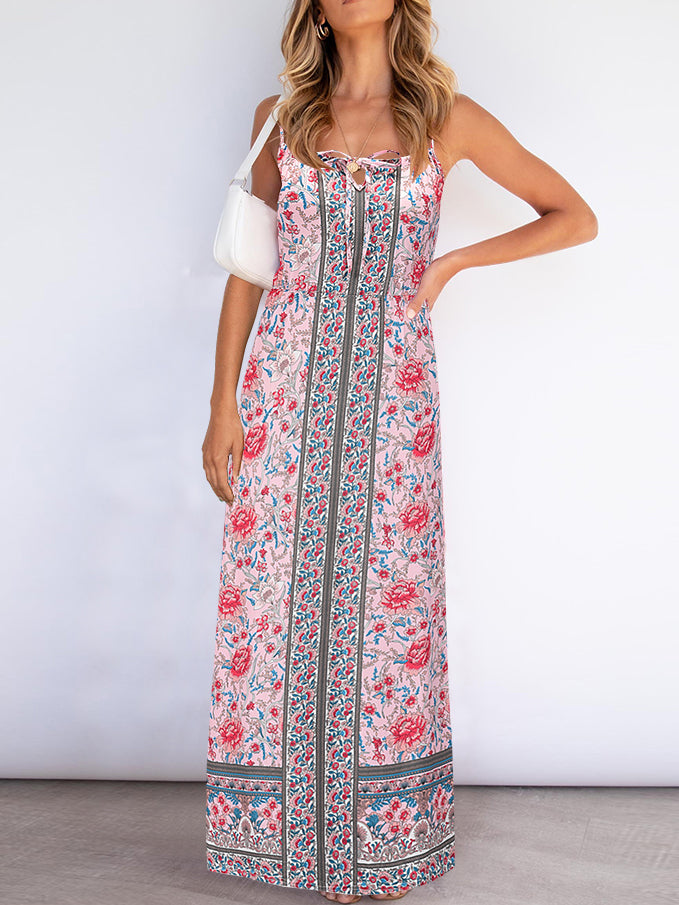 Sleeveless Floral Backless Adjustable Sphagetti Strap Maxi Dress